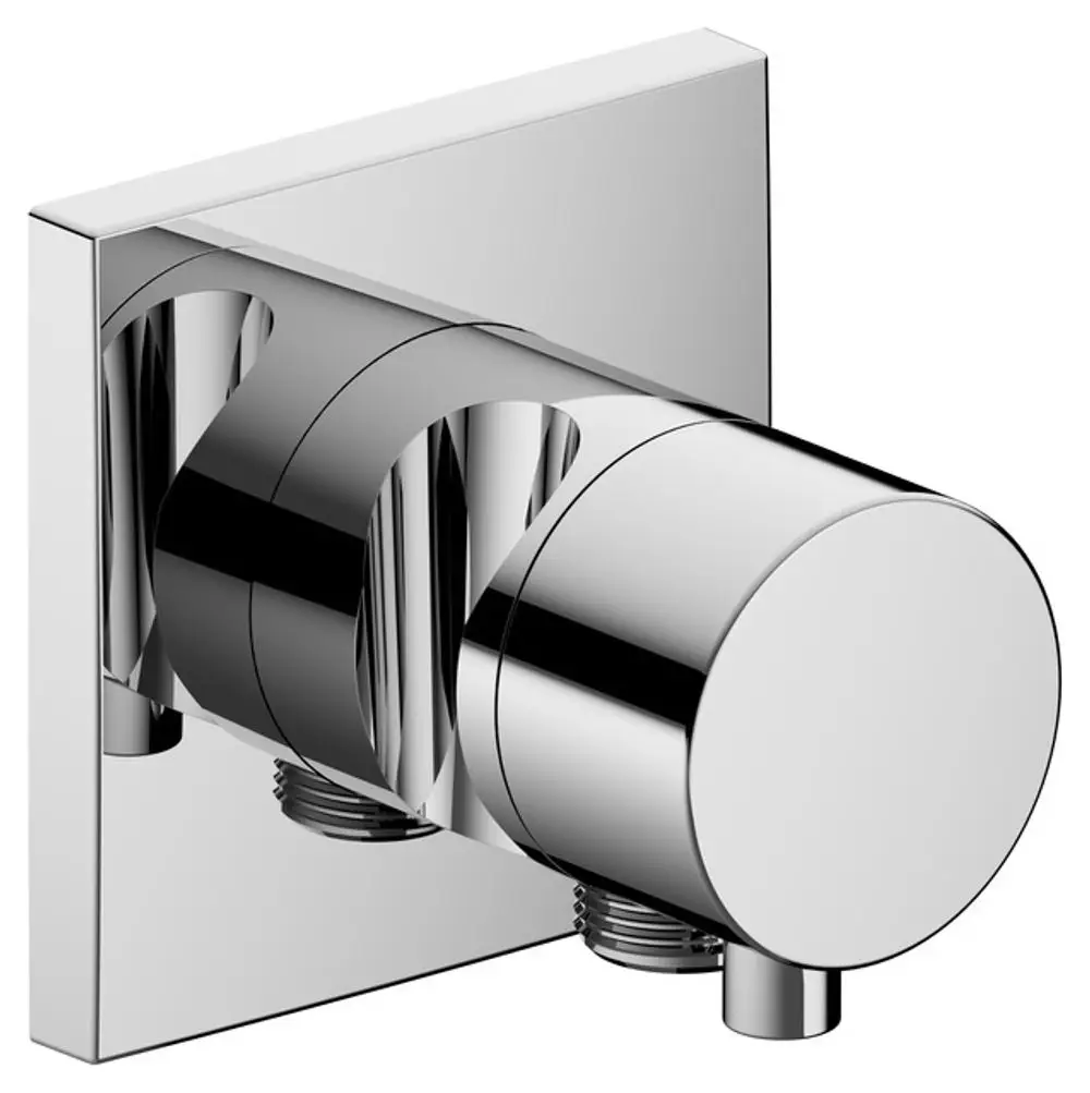 Verchromtes Absperrventil von Keuco mit eckiger Form, ausgestattet mit zwei Anschlüssen für Schlauch und Brause. Montagemöglichkeit an der Wand.